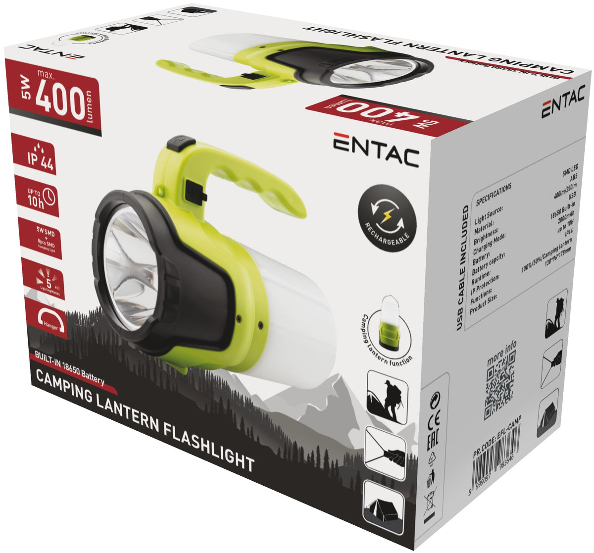 Entac 983646 Polnilna svetilka kamping 5W 400lm 1x18650 2000mAh 10h IP44