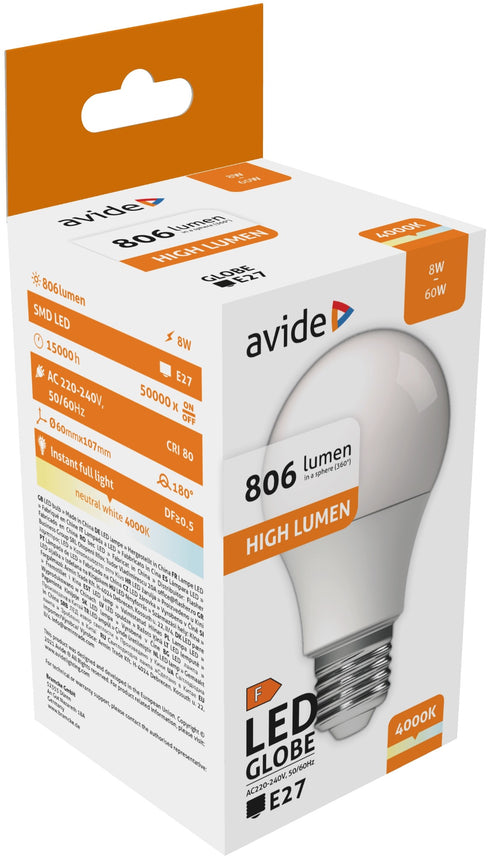 Avide 284940 Žarnica LED 8W E27 4000K 820lm A60