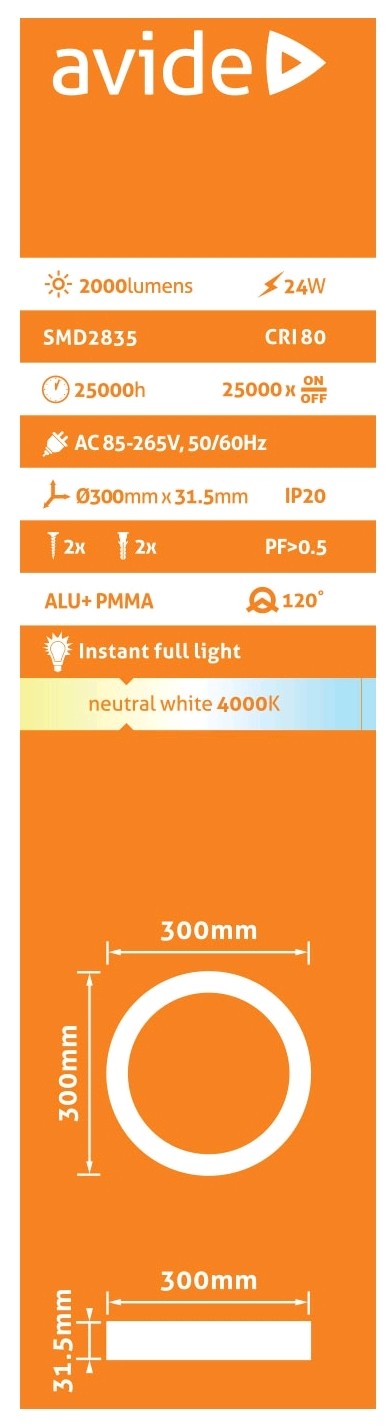 Avide 908823 Stropna svetilka LED 24W NW 2000 lm