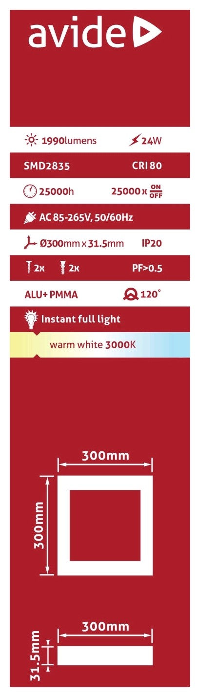 Avide 908885 Stropna svetilka LED 24W WW 1990 lm