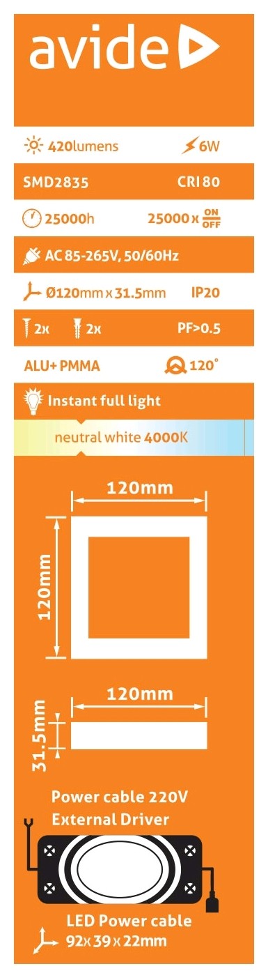 Avide 912066 Stropna svetilka LED 6W NW 420 lm