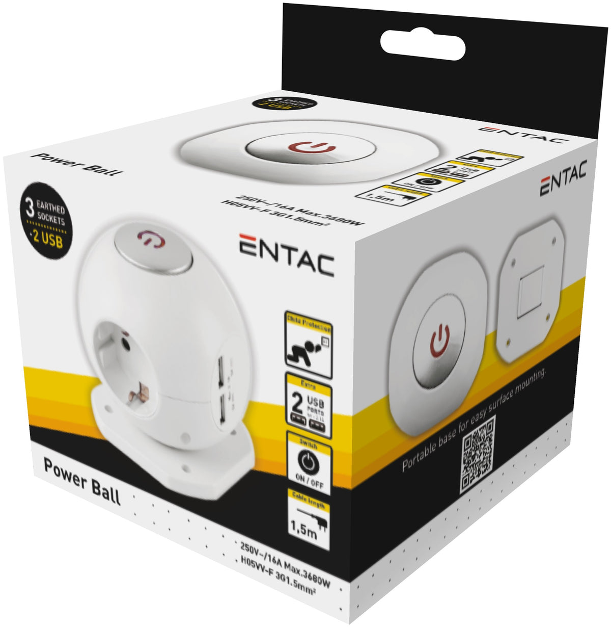 Entac 979328 Razdelilna krogla 3 vtična z USB