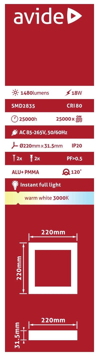 Avide 281130 Svetilka stropna LED 18W WW 1480 lm