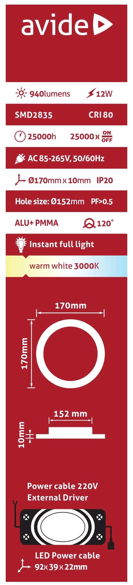 Avide 281192 Vgradna stropna svetilka LED Okrogla 12W WW 940 lm