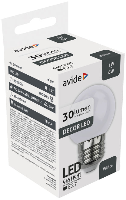 Avide 25929 Žarnica Decor - bela LED SMD  E27 1W G45