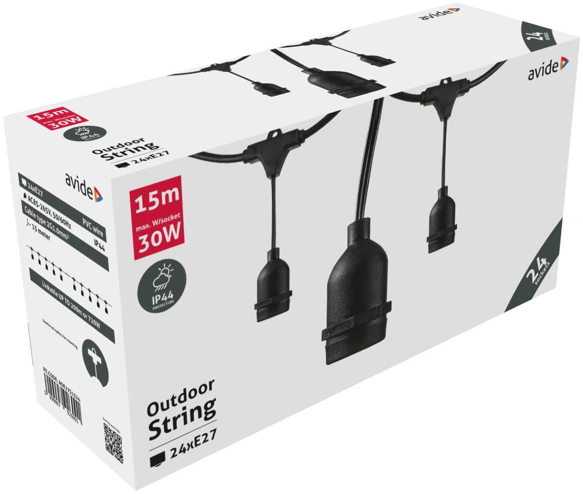 Avide 926001 Kabel za žarnice E27 - 24 vtičnic 15 m IP44