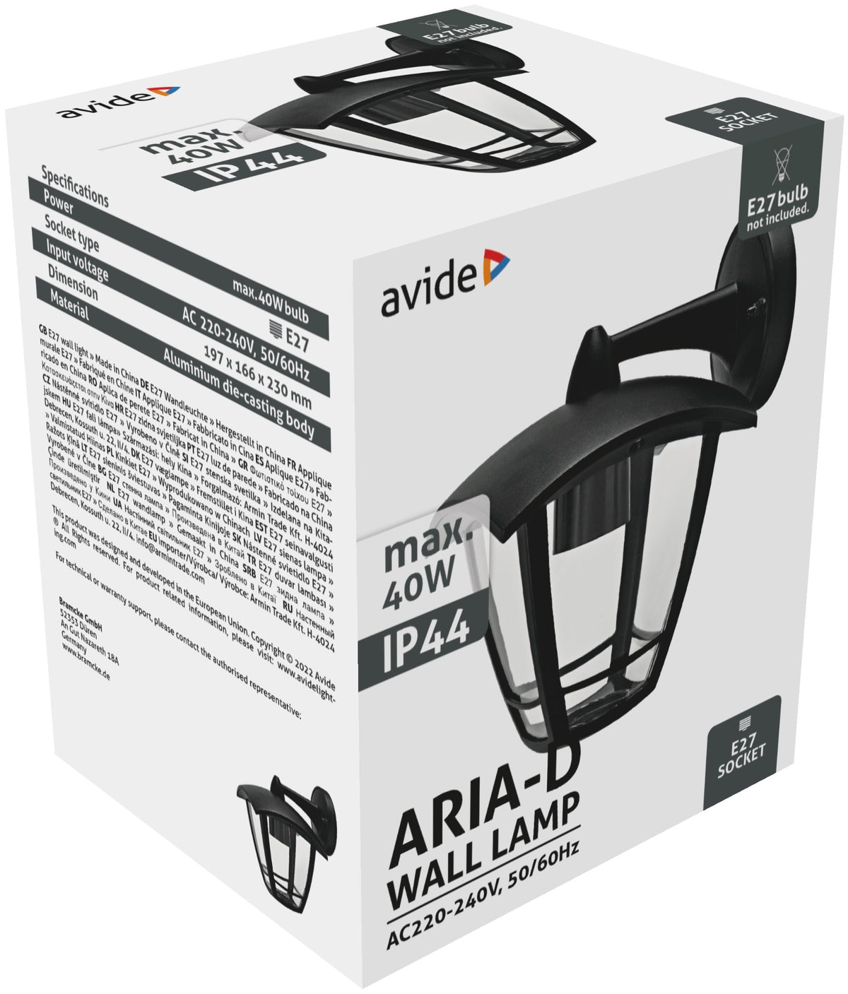 Svetilka zunanja Aria max40W 1xE27 IP44 črna AOWL-1XE27-ARIA-D