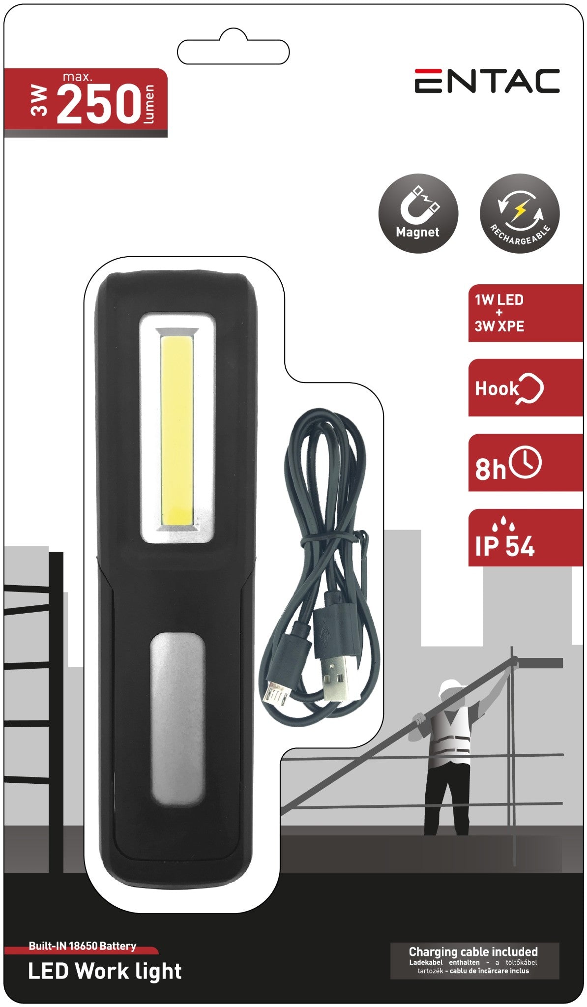 Entac 94321 Delovna polnilna svetilka 3W XPE + 1W LED 5m 250lm IP54