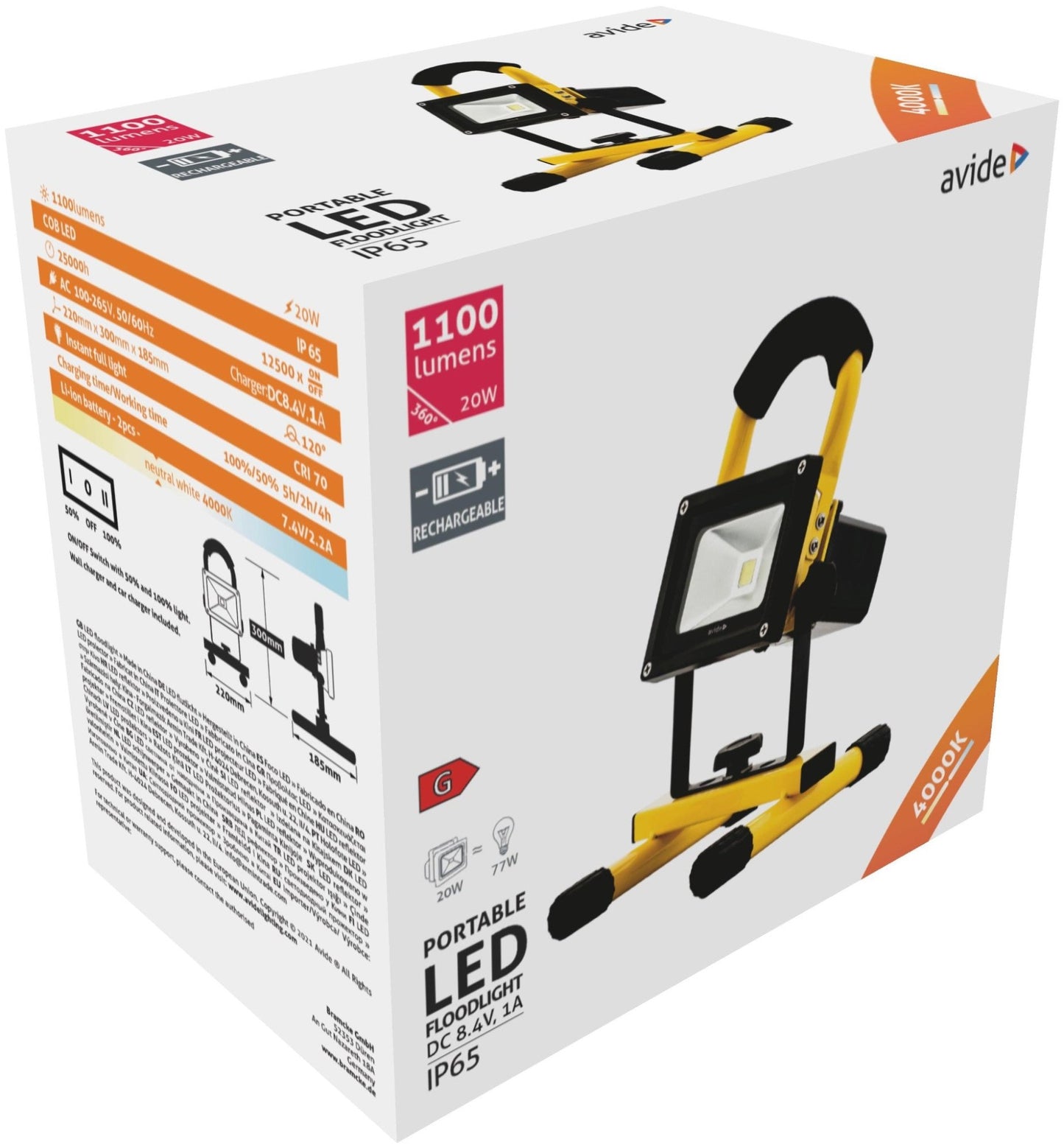 Avide 07109 Polnilni reflektor LED COB 20W NW 1100lm