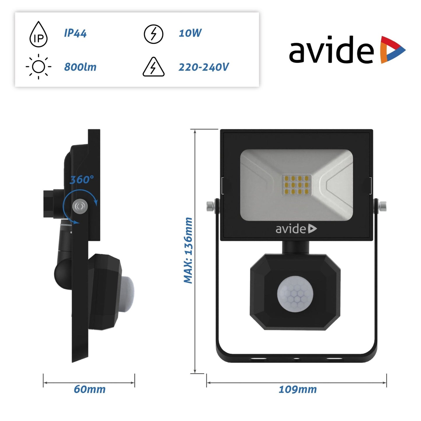 Avide 908984 Reflektor s senzorjem SMD LED 10W NW  800 lm