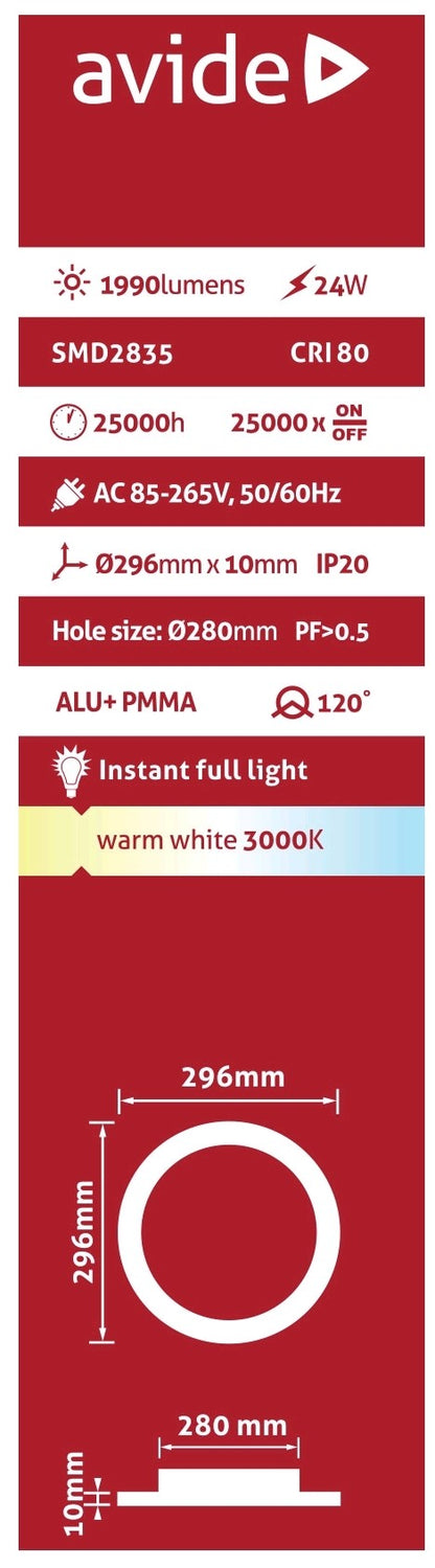 Avide 913063 Vgradna stropna svetilka LED 24W WW 1990 lm