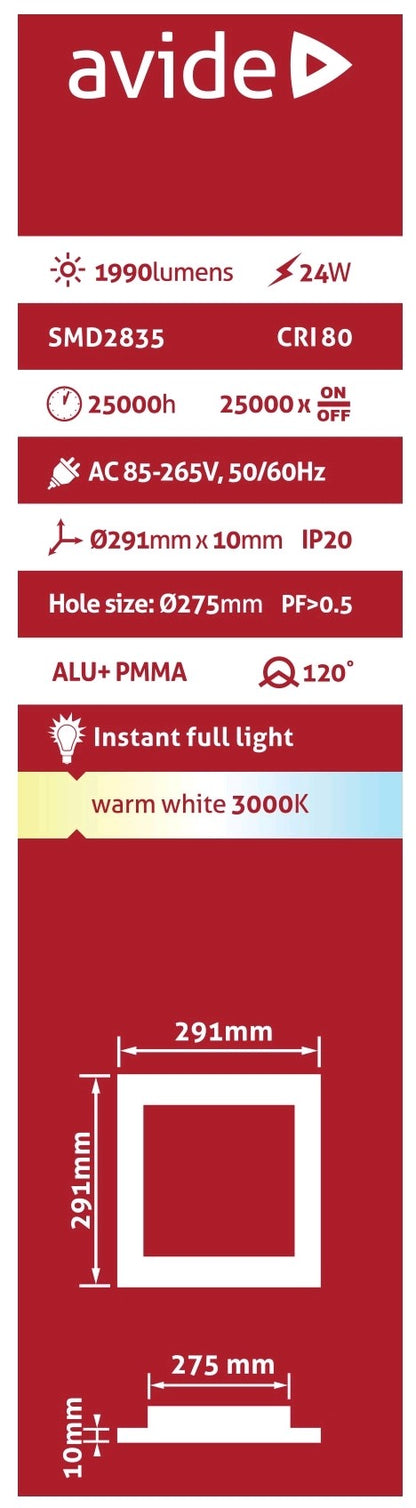 Avide 913100 Vgradna stropna svetilka LED 24W WW 1990 lm
