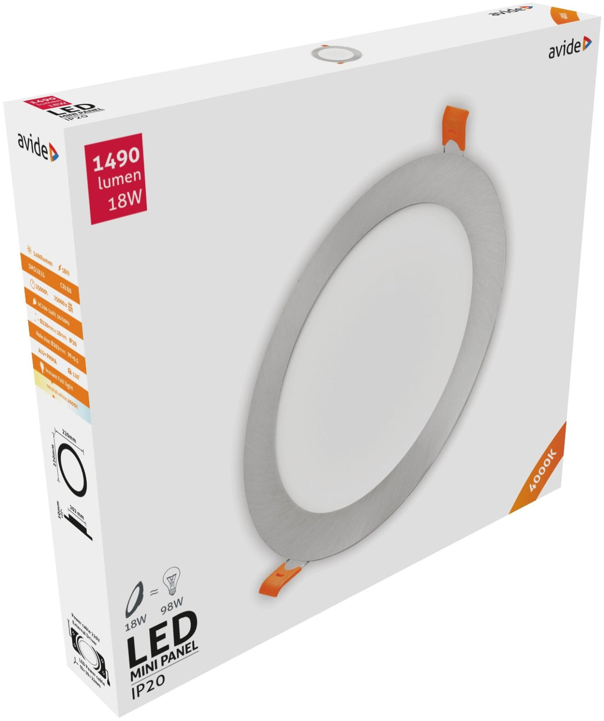 Avide 929828 Vgradna stropna svetilka LED Okrogla Saten 18W 4000K 1490 lm