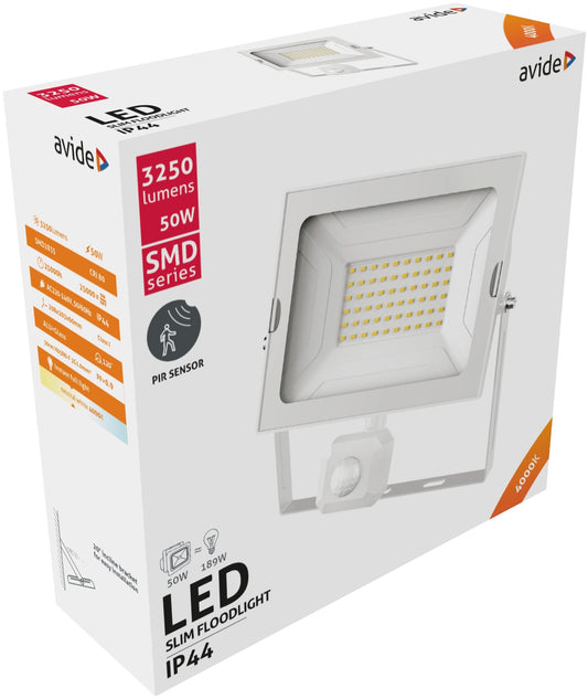 Avide 930602 Reflektor Slim PIR LED SMD 50W 4000K 3250lm IP44 bela