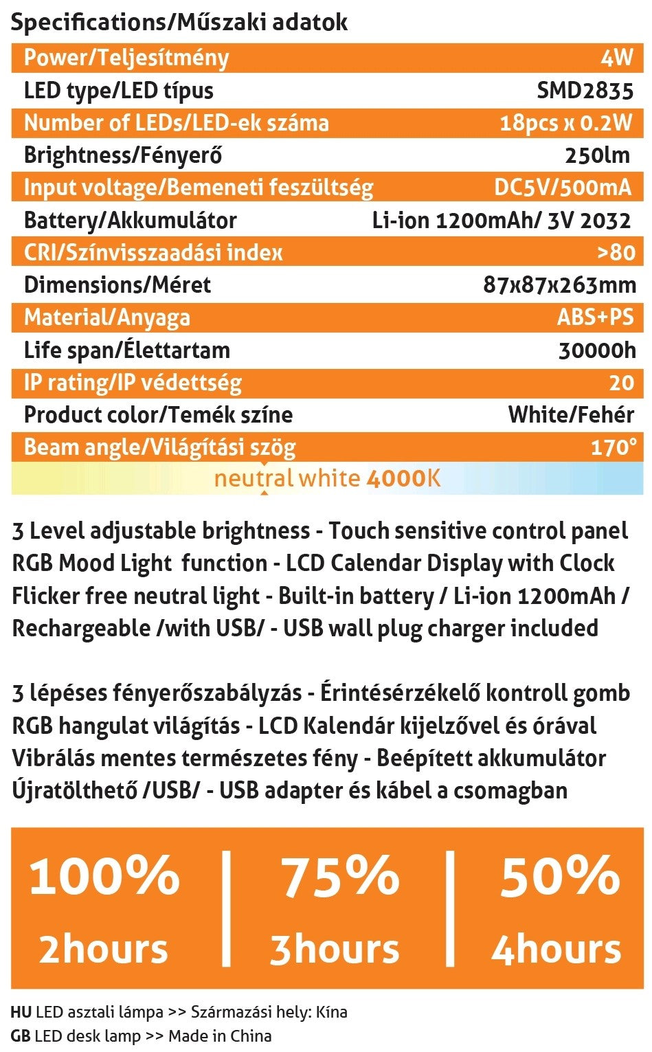 Avide 287620 Namizna svetilka Calendar RGB LED 4W NW 250 lm