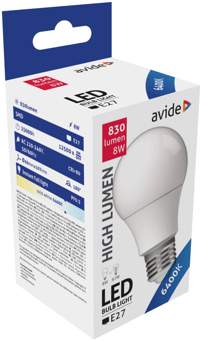 Avide 289082 Žarnica LED 8W E27 6400K 806lm A60