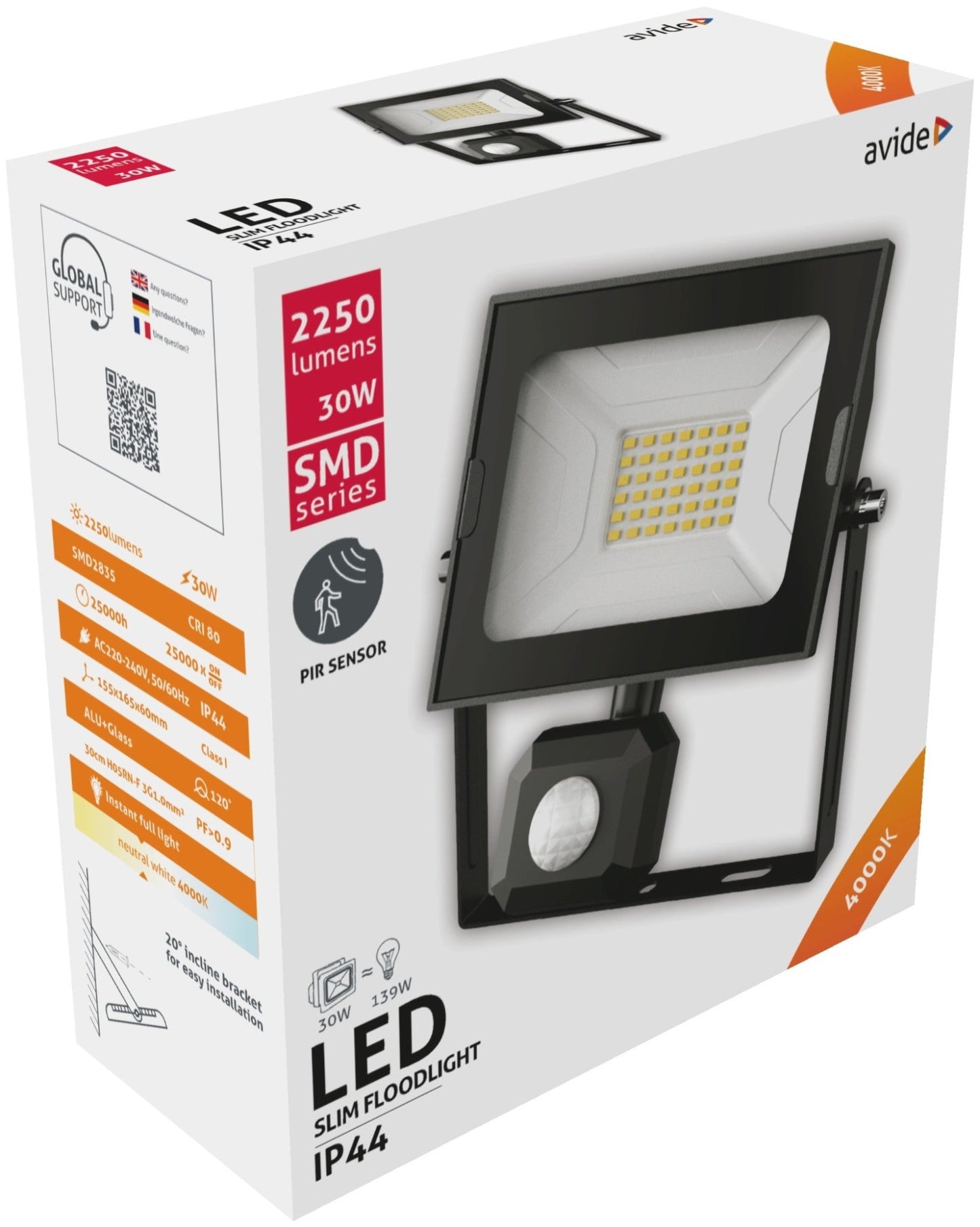 Avide 909028 SMD LED Reflektor Slim s senzorjem gibanja 30W NW 2250 lm