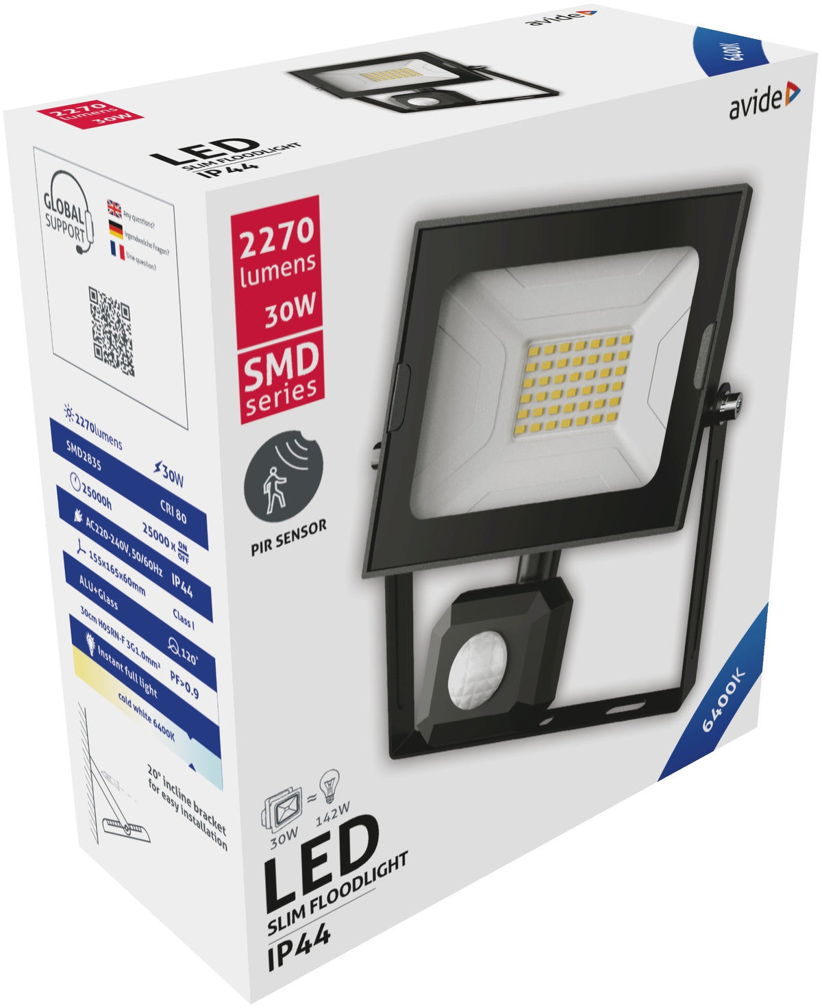 Avide 914060 SMD LED Reflektor Slim s senzorjem gibanja 30W CW 2270lm